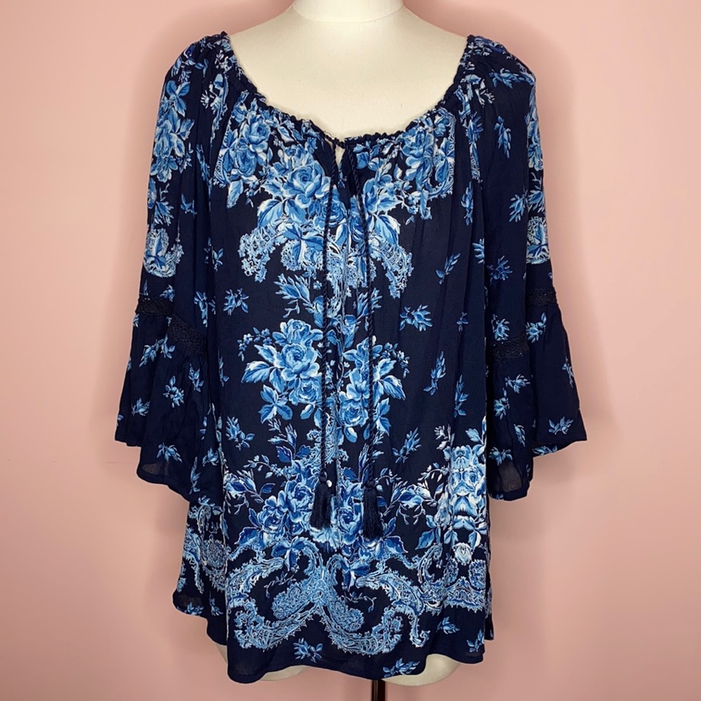 Bila Navy Blue Floral Tie-Front Peasant Top
